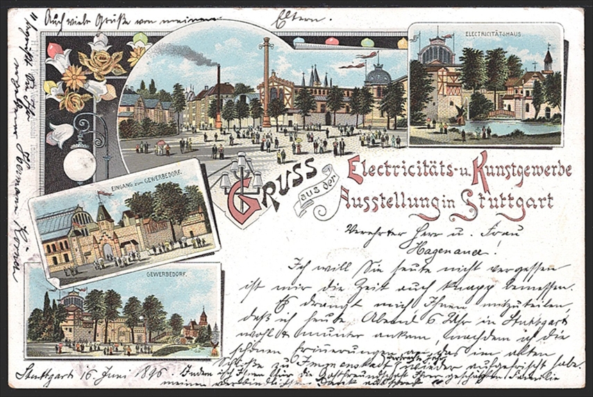Deutschland, Lithographien, Gruss aus der Electricitäts- u.Kunstgewrbe Ausstellung in STUTTGART, 4 Bilder, 1896