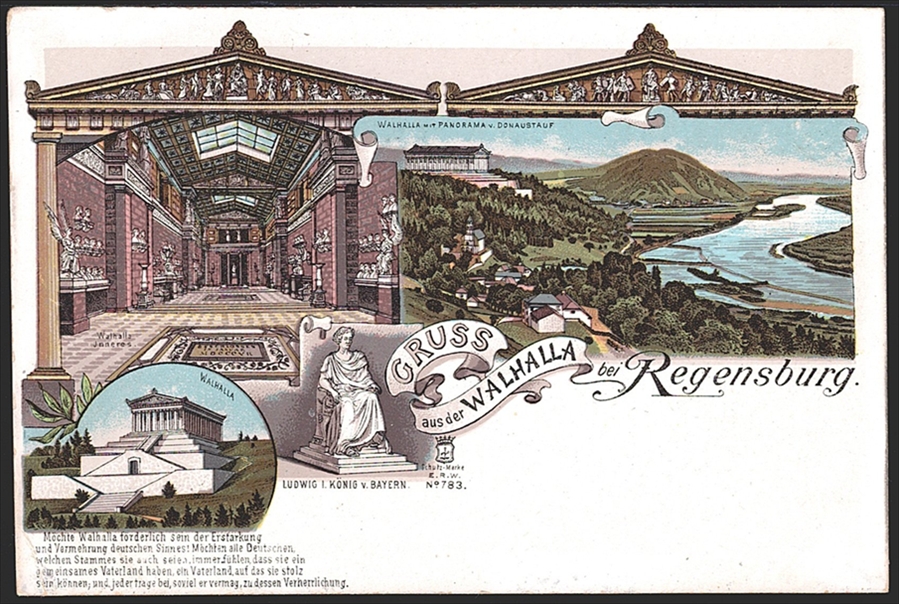 Deutschland, Lithographien, Gruss aus der WALHALLA bei REGENSBURG, 3 Bilder, um 1900