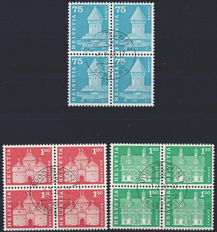 Schweiz, Freimarken, Nr.366L+, komplette Serie (3 Werte), Leuchtstoff, im Viererblock, ET-Stempel BERN 1.2.68