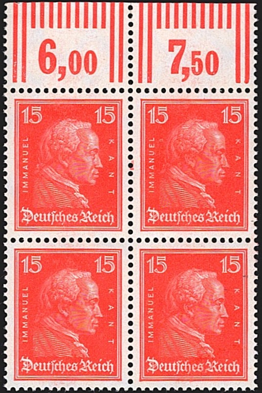 Deutschland, Deutsches Reich, Freimarken, Nr.391/391 W OR, 15Pfg.zinnoberrot, im Viererblock mit Oberrand