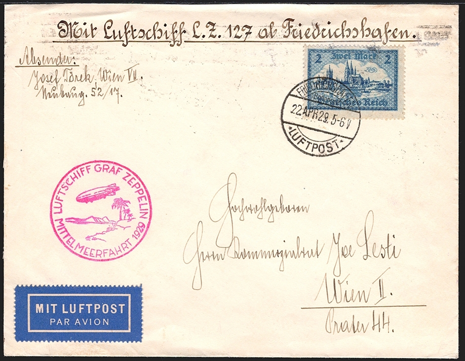 Deutschland, Zeppelin, Deutsches Reich, Mittelmeerfahrt 1929, Si. 24.A, Abwurf Sevilla, frankiert mit Nr.365