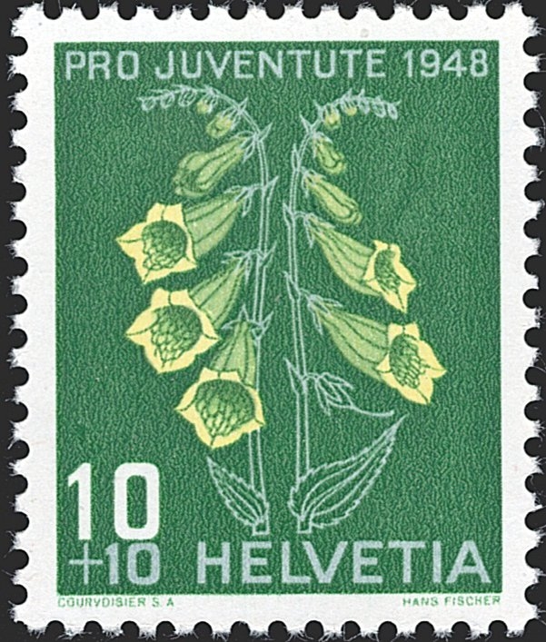 Schweiz, Abarten, Pro Juventute, Nr.126.2.01, dunkle Raupe an der rechten oberen Blüte