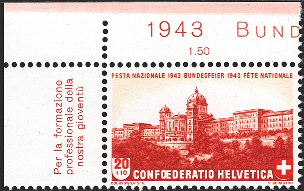 Schweiz, Abarten, Pro Patria, Nr.21/Ab, roter Rakelmesserstrich im Bogenrand