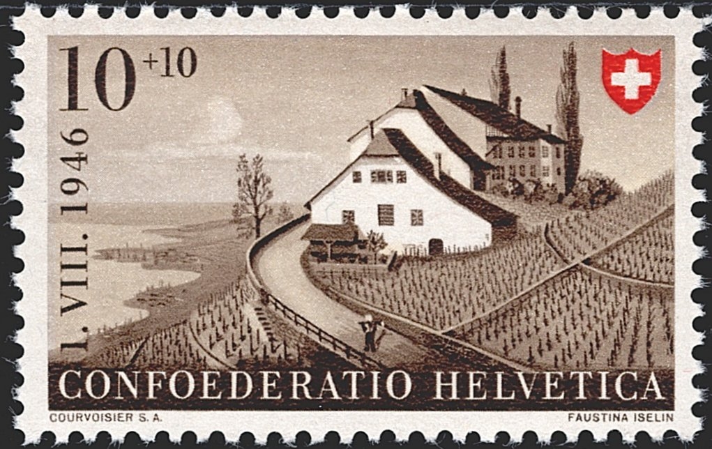 Schweiz, Abarten, Pro Patria, Nr.31.4.08b, Rasterfehler "Bohne" unter Vordach des 1.Hauses