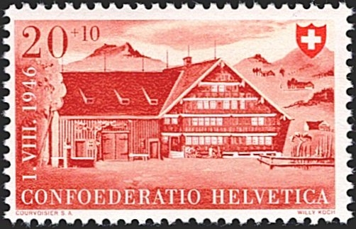 Schweiz, Abarten, Pro Patria, Nr.32.4.08, Rasterfehler "Bohne" unter Scheunendach