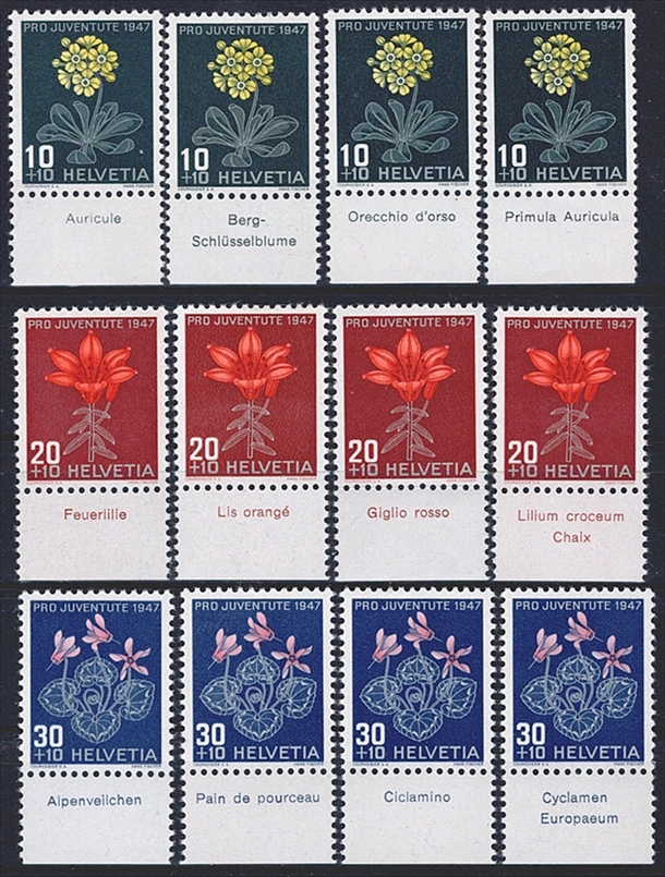 Schweiz, Pro Juventute, Nr.122-124, komplette Serie mit allen TABS in den 4 Sprachen, (12 Werte, komplett)