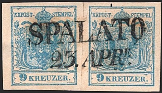 Österreich 1850 2 Stück 9 Kreuzer FB Nr. 5 "blau" MP Type IIIa gestempelt SPALATO