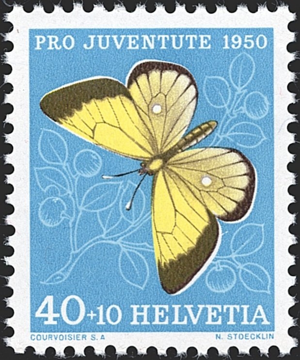 Schweiz, Abarten, Pro Juventute, Nr.137.4.01, Rasterfehler "Y" am unteren Flügel (F 6)