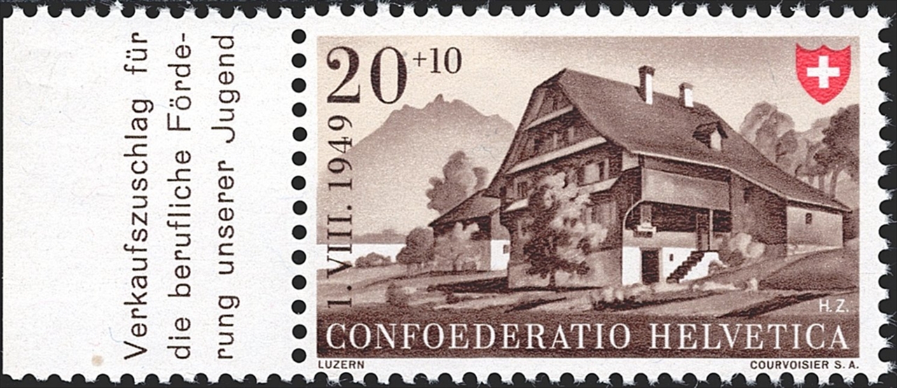 Schweiz, Abarten, Pro Patria, Nr.44.4.02, Rasterfehler "Strich" in der Laubenfront