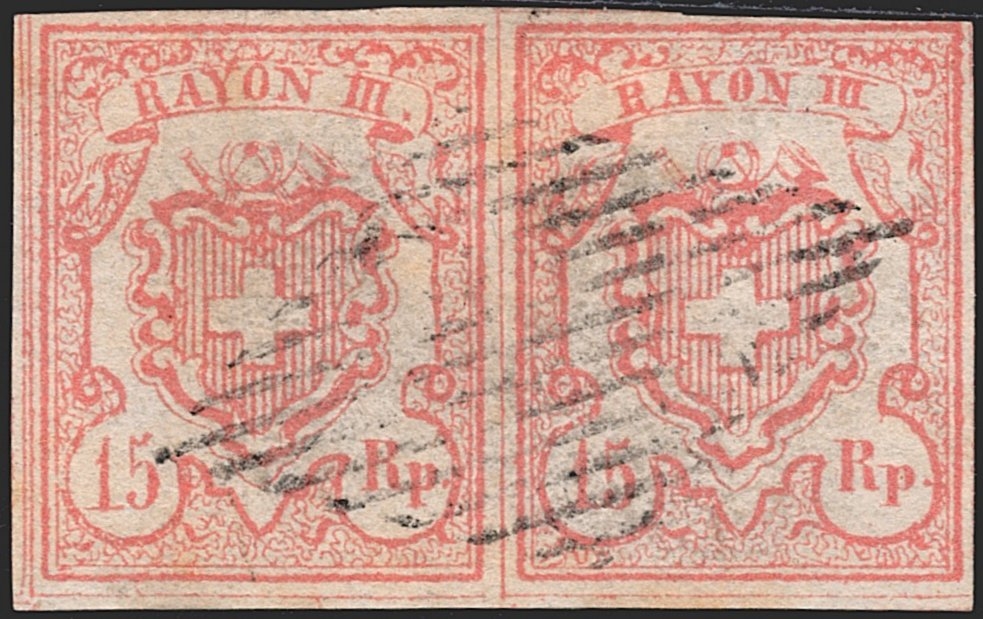 Schweiz, Altschweiz, Rayon, Nr.20, Typ 9-10 MM-I, RAUTE, feinst auf vollrandigem Paar, Befund Marchand 1990