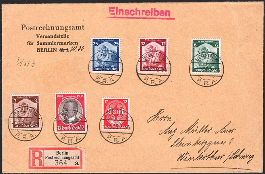 Deutschland, Deutsches Reich, Saar, Nr.565-568+, komplette Serie, mit Zusatzfrankatur auf R-Brief nach Winterthur