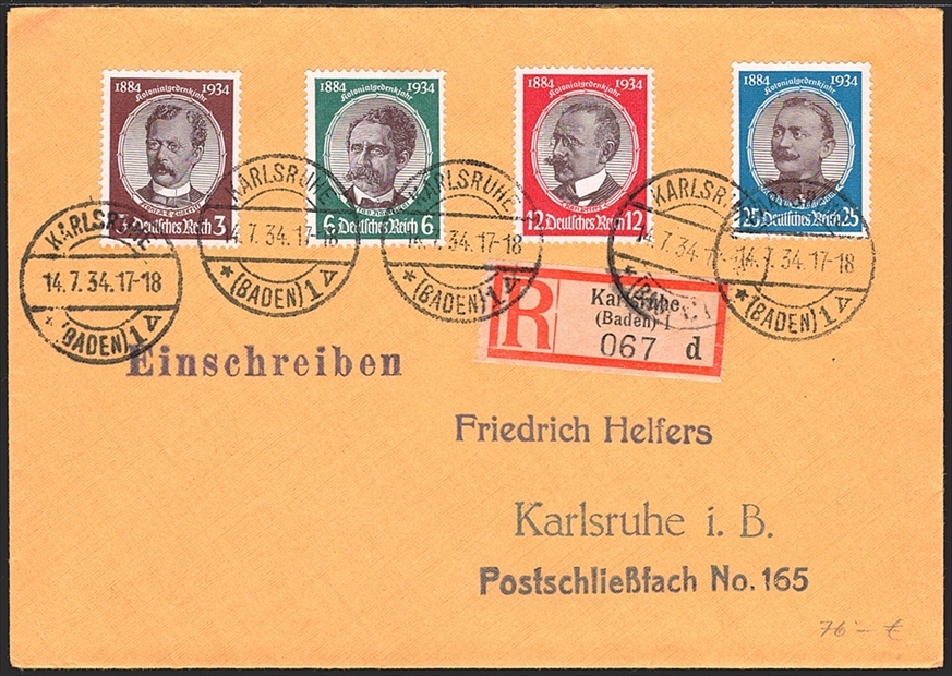 Deutschland, Deutsches Reich, Sondermarken, Nr.540-543, eingeschriebener Satzbrief, KARLSRUHE