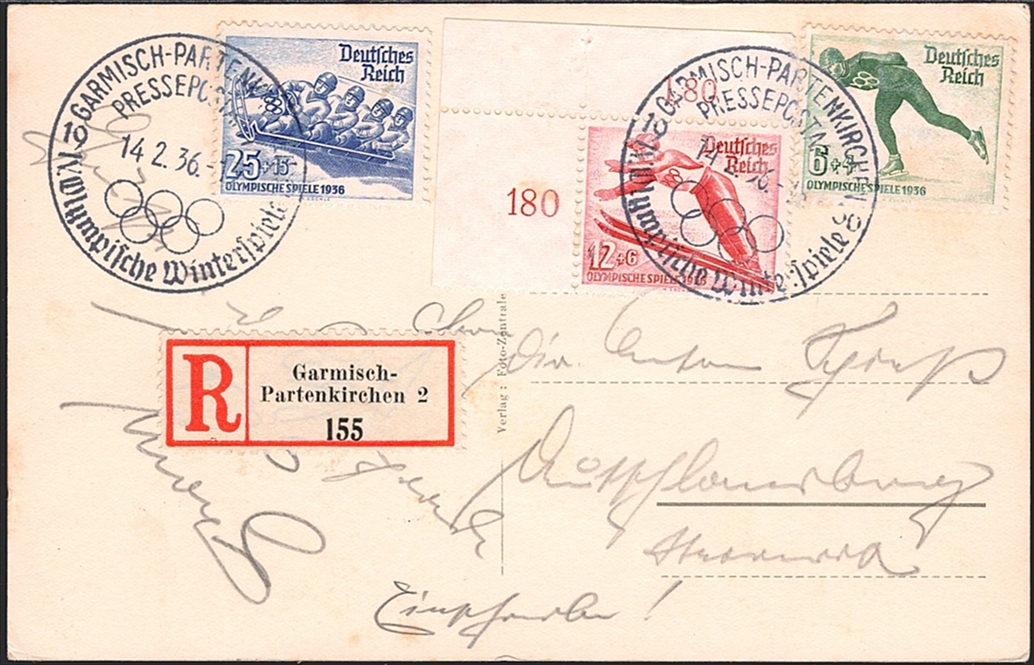 Deutschland, Deutsches Reich,Olympiade, Nr.600-602, komplette Serie, Sonderstempel GARMISCH PARTENKIRCHEN PRESSEAMT, eingeschriebene Karte