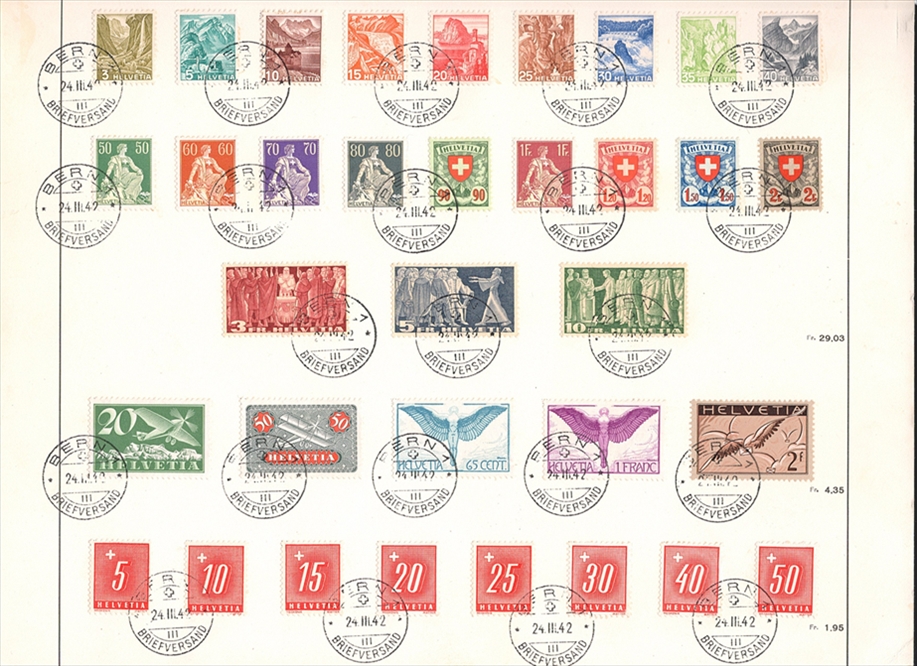 Schweiz, Freimarken, Flugpost, Nachporto, Aushängekarton der Post mit allen am Schalter am 24.lll.42 erhältlichen Marken