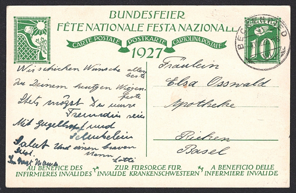 Schweiz, Bundesfeierkarten, 1927, Knabe mit Fahne, Nr.45, gestempelt 1.VIII BECKENRIED