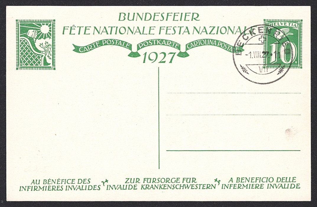 Schweiz, Bundesfeierkarten, 1927, Knabe mit Fahne, Nr.45, gestempelt 1.VIII BECKENRIED