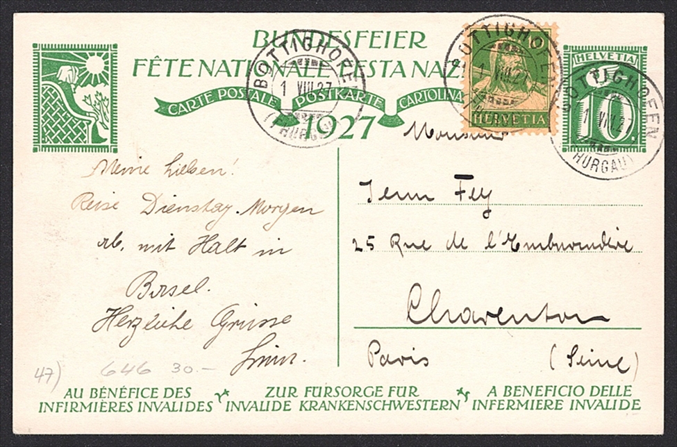 Schweiz, Bundesfeierkarten, 1927, Krankenschwester, Nr.46, gestempelt 1.VIII BOTTIGHOFEN, mit Zusatzfrankatur nach Paris