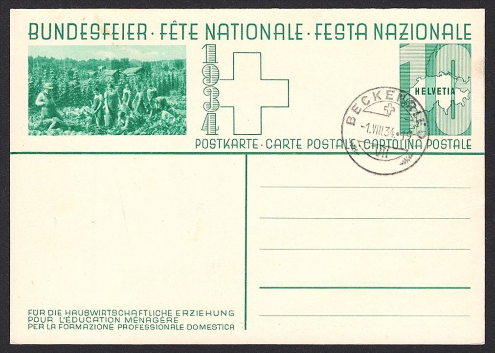 Schweiz, Bundesfeierkarten, 1934, Mädchen, Nr.59b, Bild "Gartenarbeit", gestempelt 1.VIII BECKENRIED