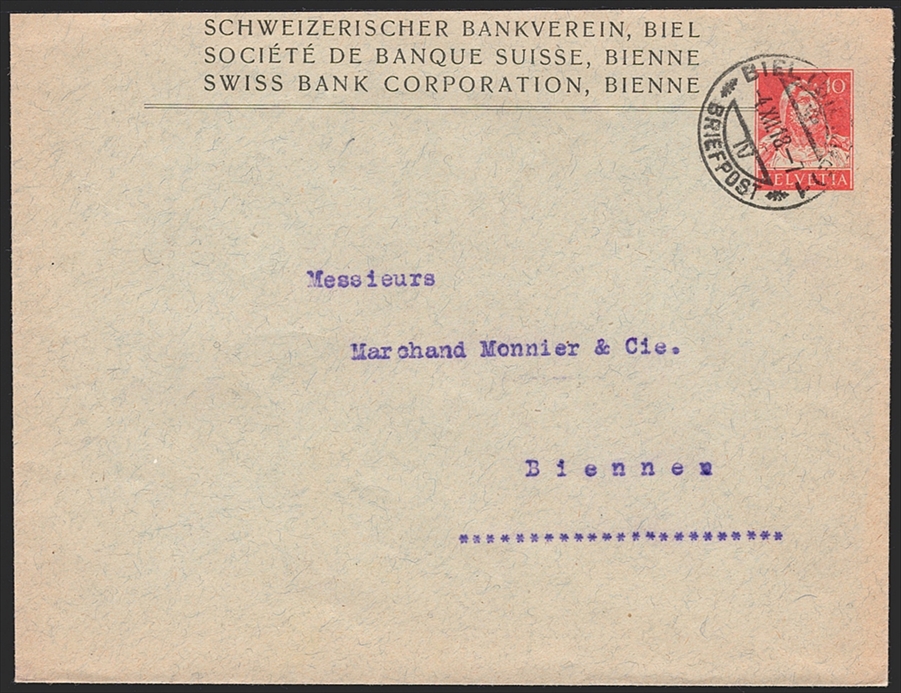 Schweiz, Ganzsachen, Privatganzsachen, PBU 035, Schweizerischer Bankverein, BIEL