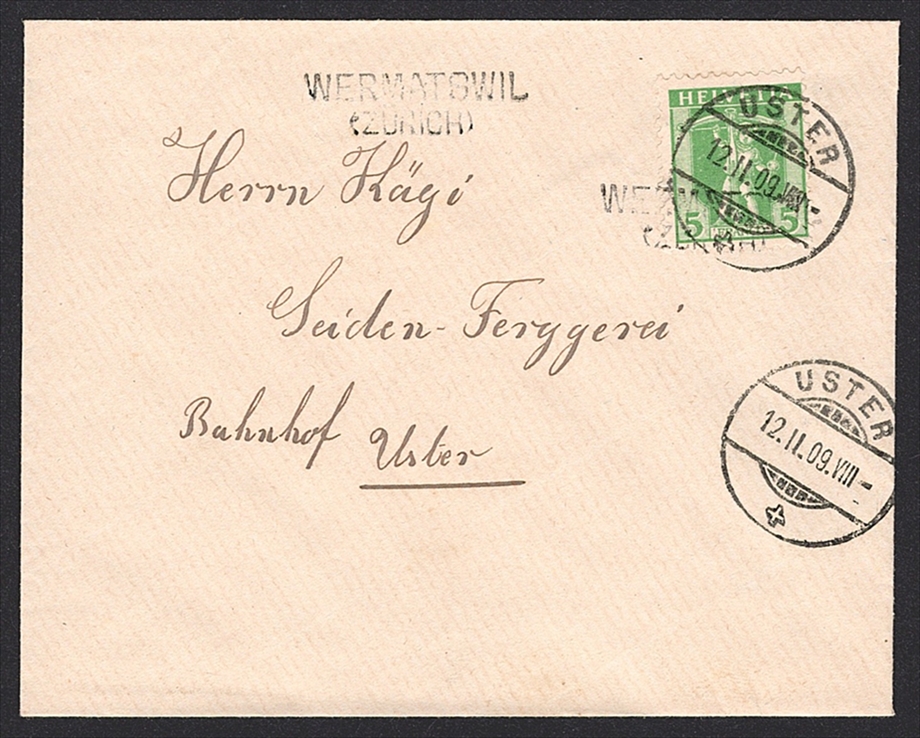 Schweiz, Nr.103 gestempelt mit Stabstempel WERMATSWIL (ZÜRICH)/USTER, feinst auf kleinformatigem Brief