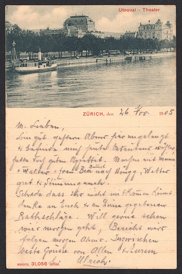 Ansichtskarten Schweiz, ZÜRICH Utoquai - Theater, 1905