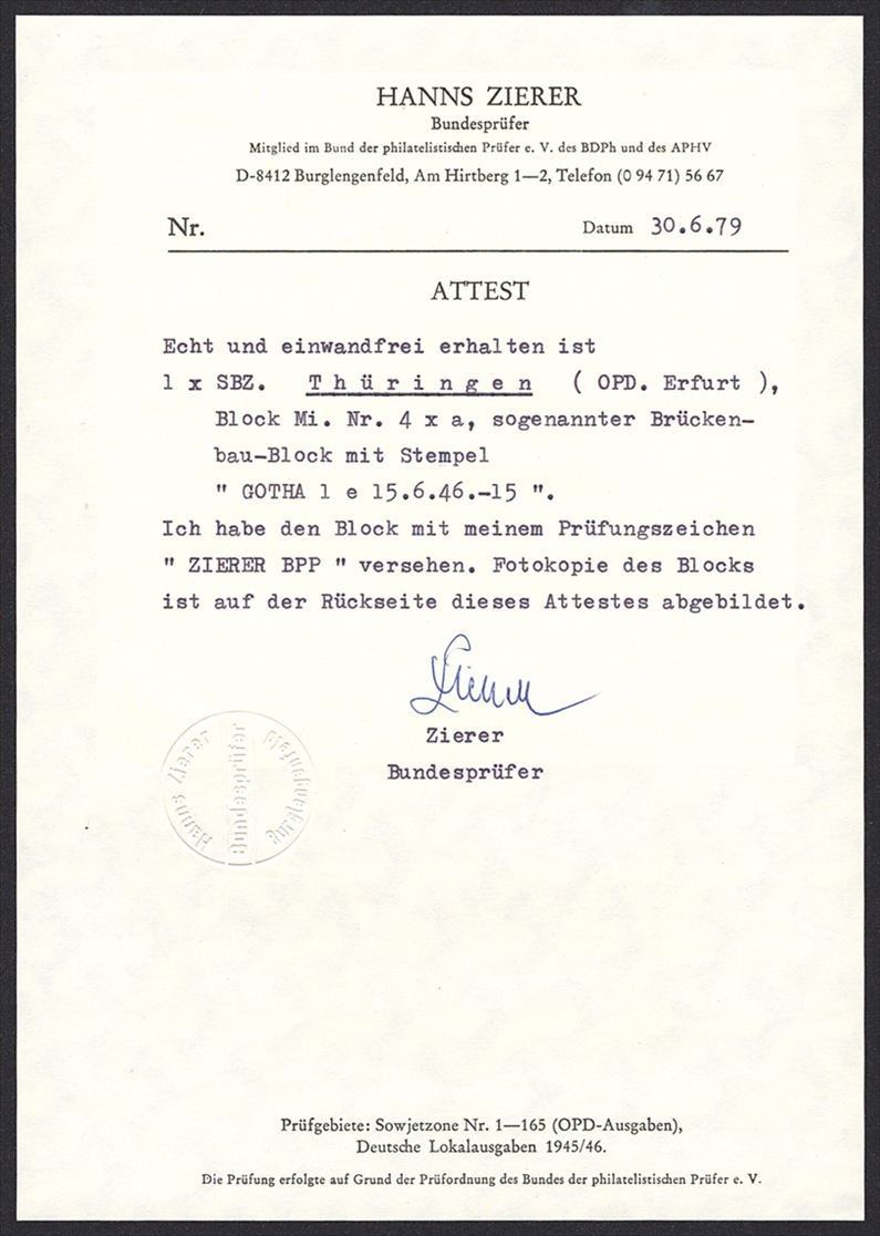 Deutschland, Sowjetische Zone, Wiederaufbau, Nr.Bl.4ay, GOTHA, Attest Zierer – Bild 2