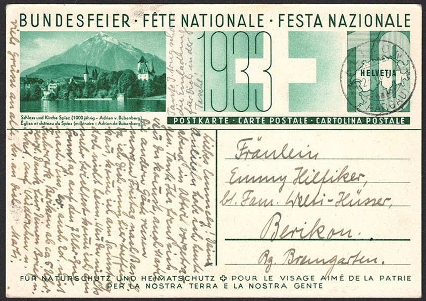 Schweiz, Bundesfeierkarten, 1933, Walliserin, Nr.57n, Bild "Spiez"