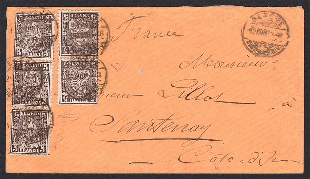 Schweiz, Frankaturen, Sitzende Helvetia, Nr.30, Mehrfauchfrankatur nach SANTENAY/F, GENEVE