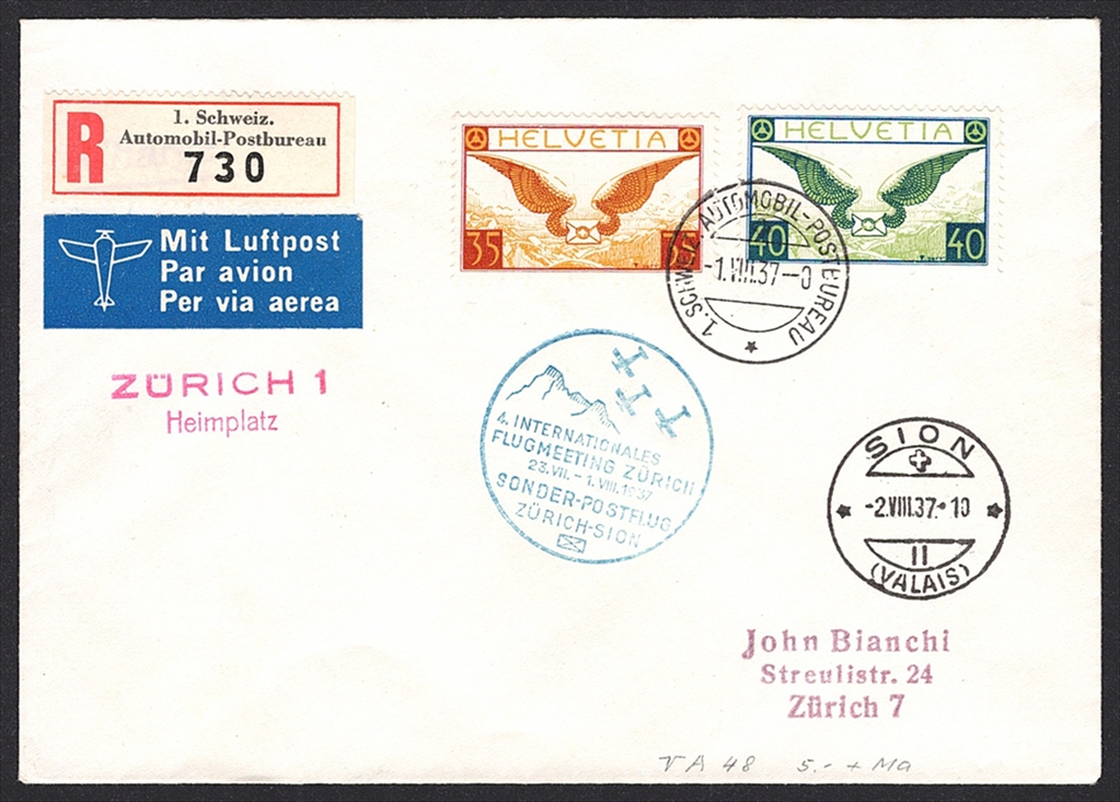 Schweiz, Sonderflüge, SF-Nr.37.3a, Zürich-Sion, ab Zürich Heimplatz, hochwertige Frankatur