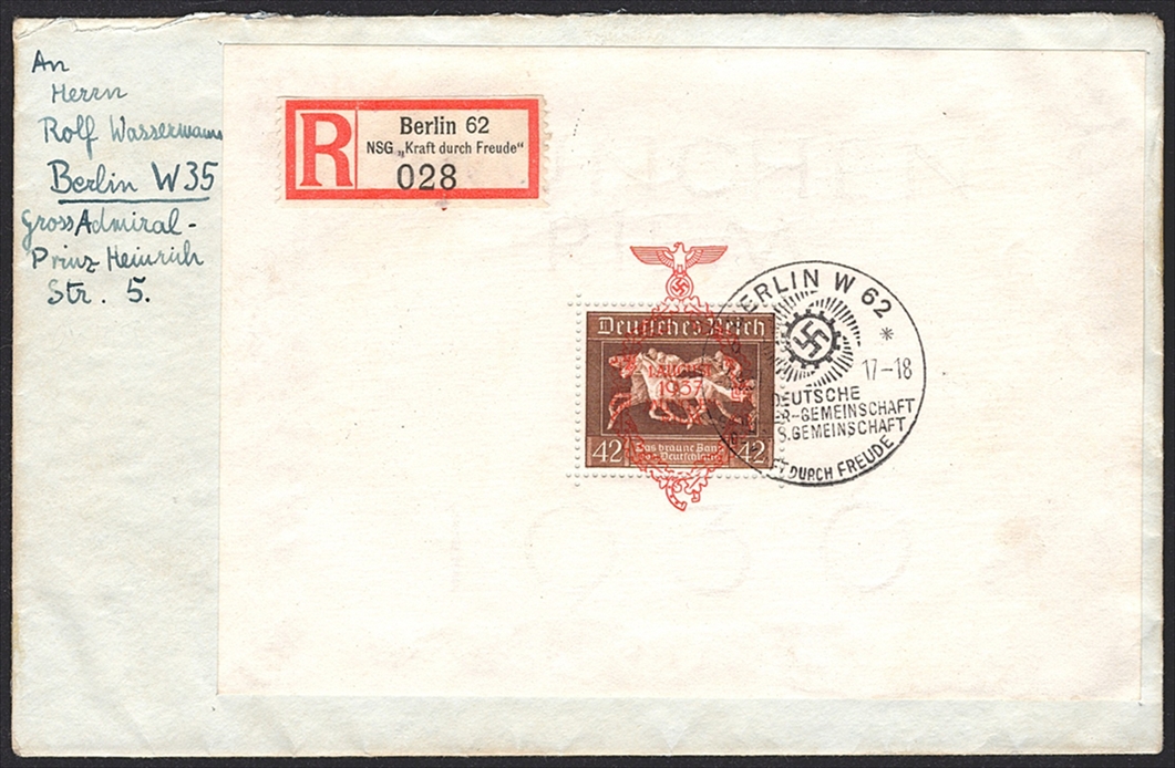 Deutschland, Deutsches Reich, Das braune Band,1937, Bl.10, Sonderstempel BERLIN, eingeschriebener Brief