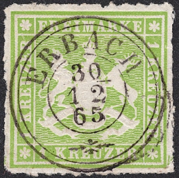 Deutschland, Württemberg, Nr.25, 1Kr.grün, Vollstempel ERBACH