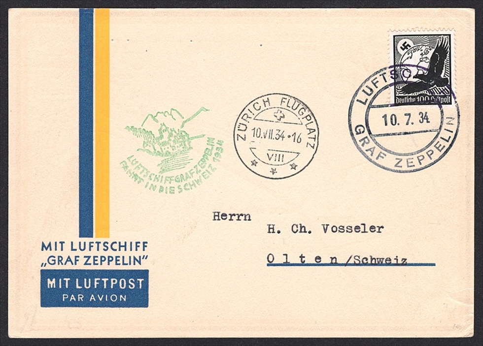 Deutschland, Zeppelin, Fahrt in die Schweiz 1934, Bordpost, Abwurf Zürich