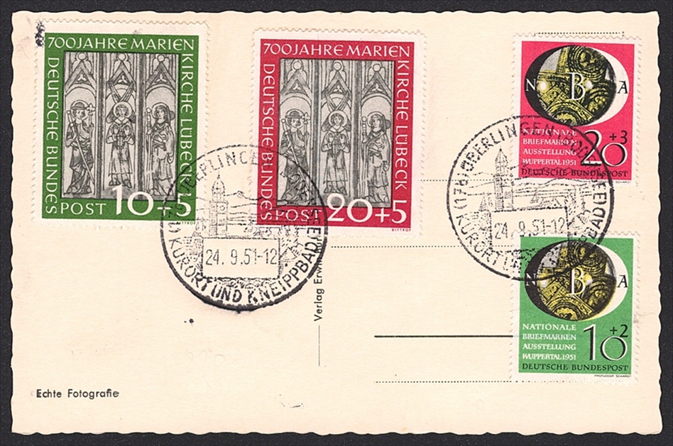 Deutschland, BRD 1951 Nr. 139/40 und 141/42 auf Ansichtskarte "Überlingen"