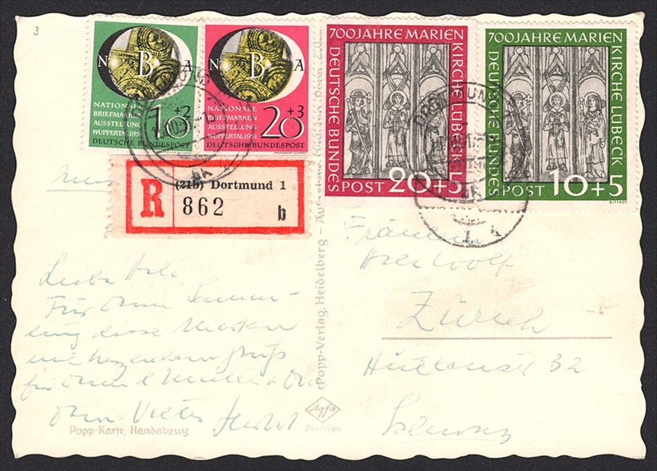 Deutschland, BRD 1951 Nr. 139/40 und 141/42 auf Ansichtskarte "Wettersteingebirge" in die Schweiz