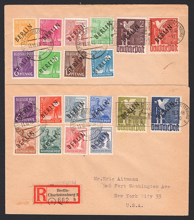 Deutschland, Berlin 1948 Serie Nr. 1/20 "sog. Schwarzaufdrucke" auf 2 Briefen in die USA mit Ankunftsstempel