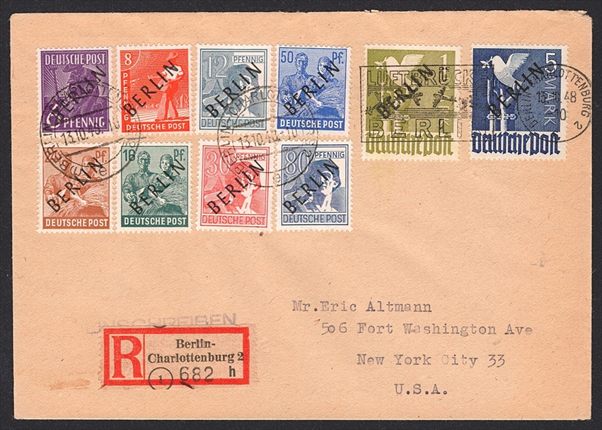 Deutschland, Berlin 1948 Serie Nr. 1/20 "sog. Schwarzaufdrucke" auf 2 Briefen in die USA mit Ankunftsstempel – Bild 2