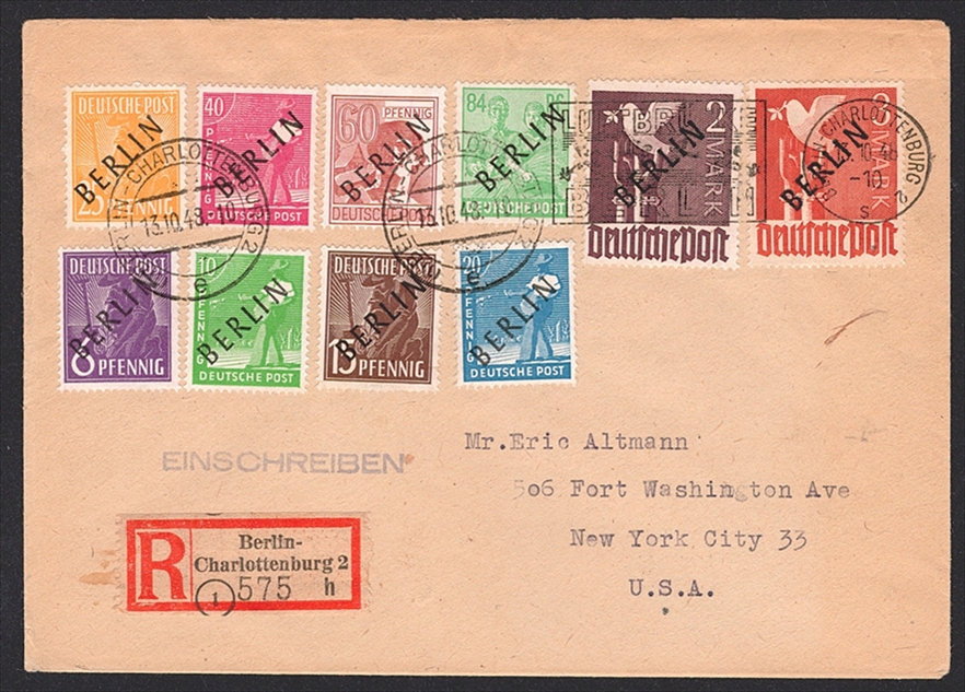 Deutschland, Berlin 1948 Serie Nr. 1/20 "sog. Schwarzaufdrucke" auf 2 Briefen in die USA mit Ankunftsstempel – Bild 4