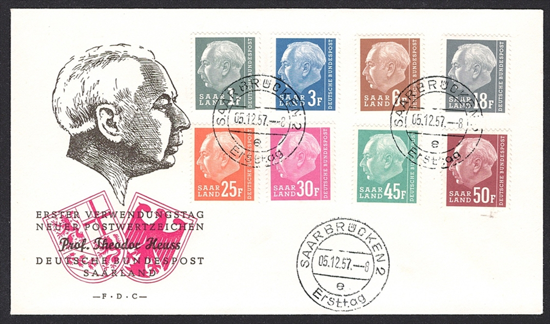 Deutschland, Saarland (BRD) 1957 Nr. 409, 410, 412, 416, 418, 419, 421, 422 auf Brief - FDC
