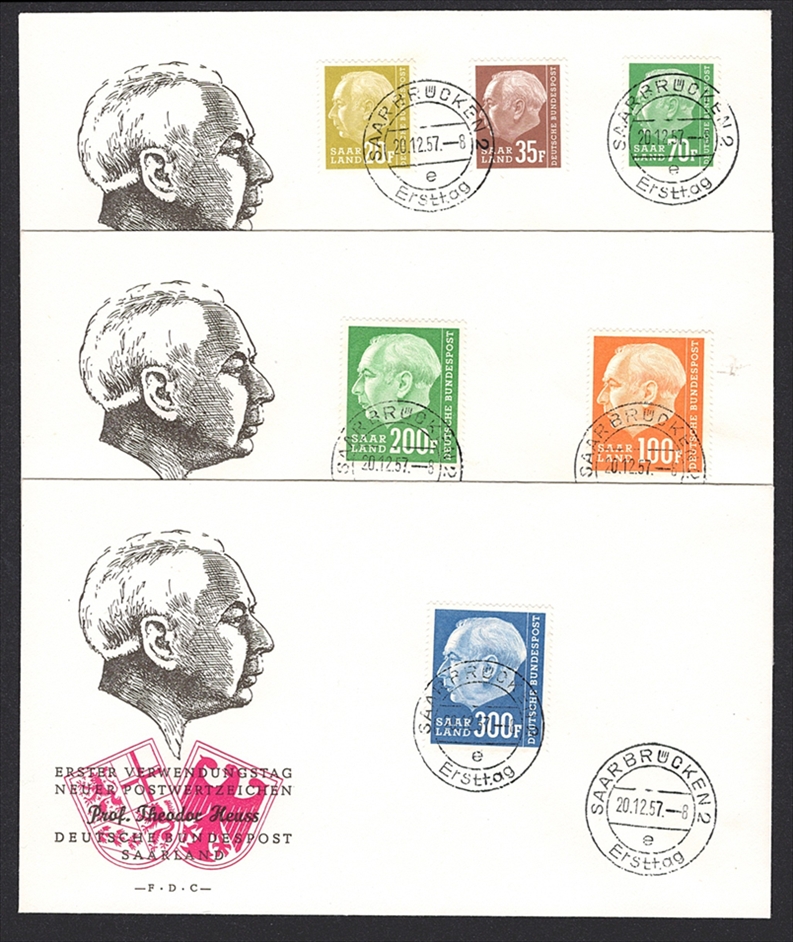 Deutschland, Saarland (BRD) 1957 Nr. 417, 420, 423-428 auf 3 Briefen - FDC