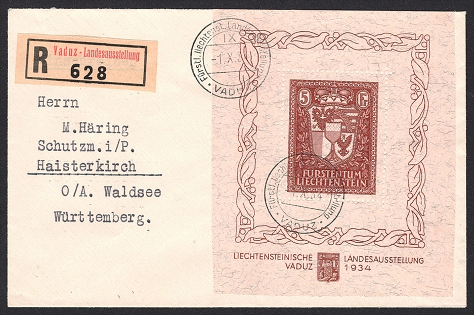 Liechtenstein 1934 Nr. 104 Block 1 "sog. Vaduz Block" Ausschnitt auf R-Brief nach Württemberg