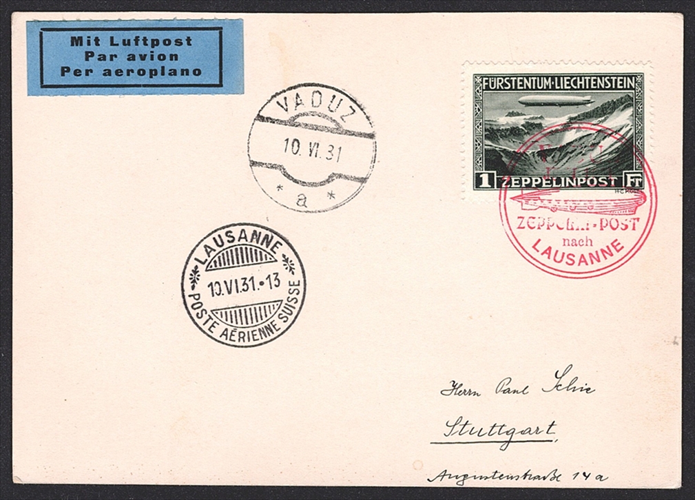Liechtenstein, Zeppelin, 1931, Fahrt von Vaduz nach Lausanne, gewöhnliche Karte