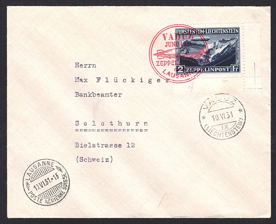 Liechtenstein, Zeppelin, 1931, Fahrt von Vaduz nach Lausanne, gewöhnlicher Brief