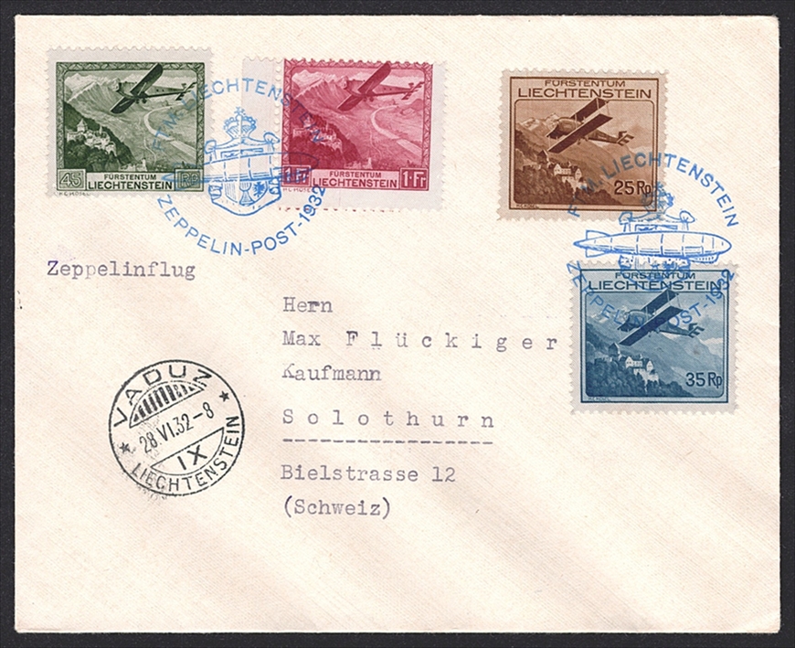 Liechtenstein, Zeppelin, 1932, 250. Fahrt, von Vaduz nach Friedrichshafen, gewöhnlicher Brief, Mi.-Nr.113 Markenbild verschoben