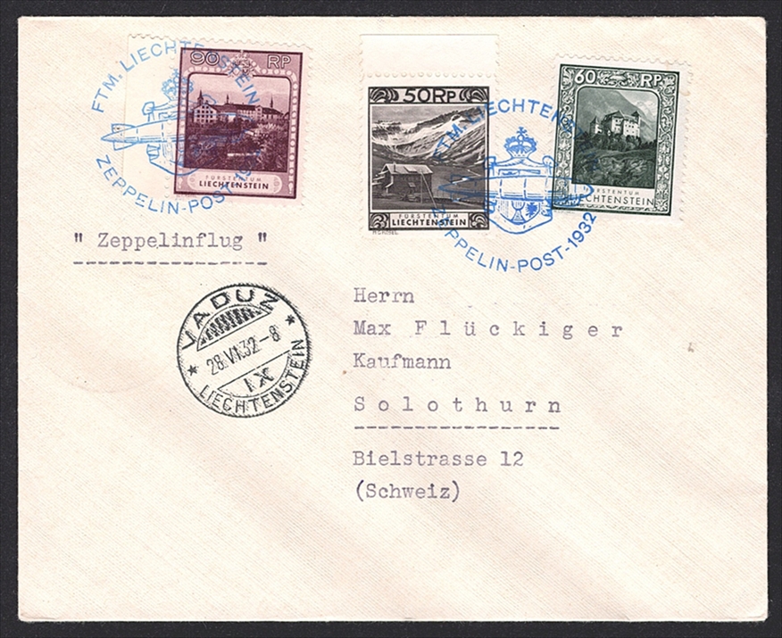Liechtenstein, Zeppelin, 1932, 250. Fahrt, von Vaduz nach Friedrichshafen, gewöhnlicher Brief, frankiert mit Nr.104A, 102C, 103A