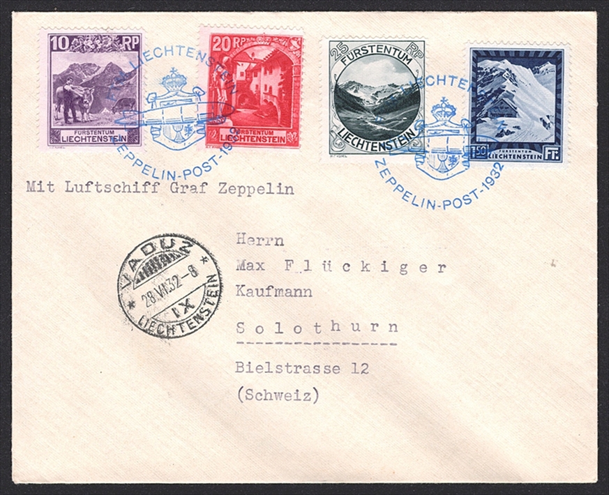 Liechtenstein, Zeppelin, 1932, 250. Fahrt, von Vaduz nach Friedrichshafen, gewöhnlicher Brief, frankiert mit Nr.96B, 97B, 98B, 106B