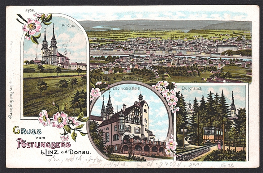 Lithographien, Österreich, Gruss vom PÖSTLINGBERG b. LINZ a.d. DONAU, 4 Bilder, 1904