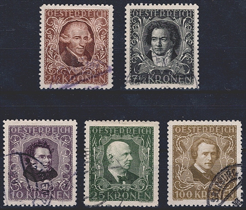 Österreich 1922 - Serie ANK Nr. 418/24 B "Österreichische Komponisten" - gestempelt
