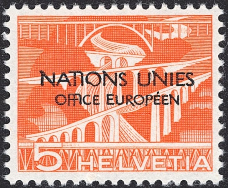 Schweiz, Dienstmarken, DVII, OFFICE EUROPEEN, Nr.1.Ab.2, 5Rp., defektes O in NATIONS