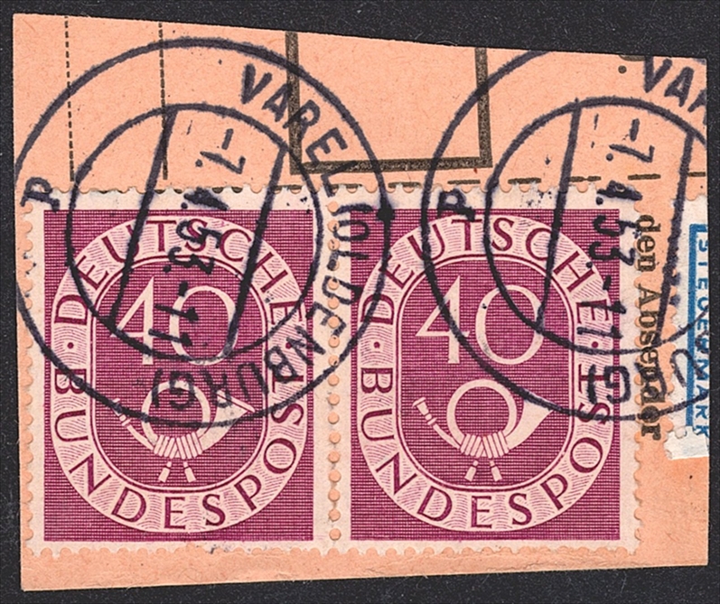Deutschland, BRD, Nr.133, Posthorn, 40Pfg., waagrechtes Paar aus Bogen, auf Ausschnitt, gestempelt VAREL