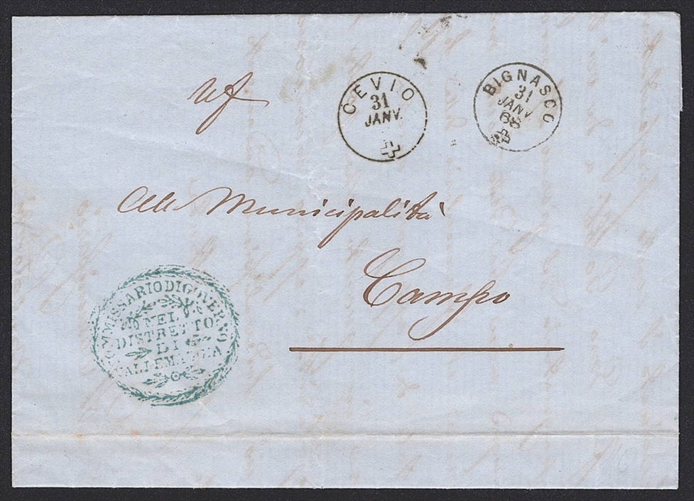 Schweiz, Abstempelungen, Postgeschichte, Faltbrief, CEVIO/BIGNASCO, Fingerhut Gr.104, rückseitig Strahlenstempel CAMPO V.M